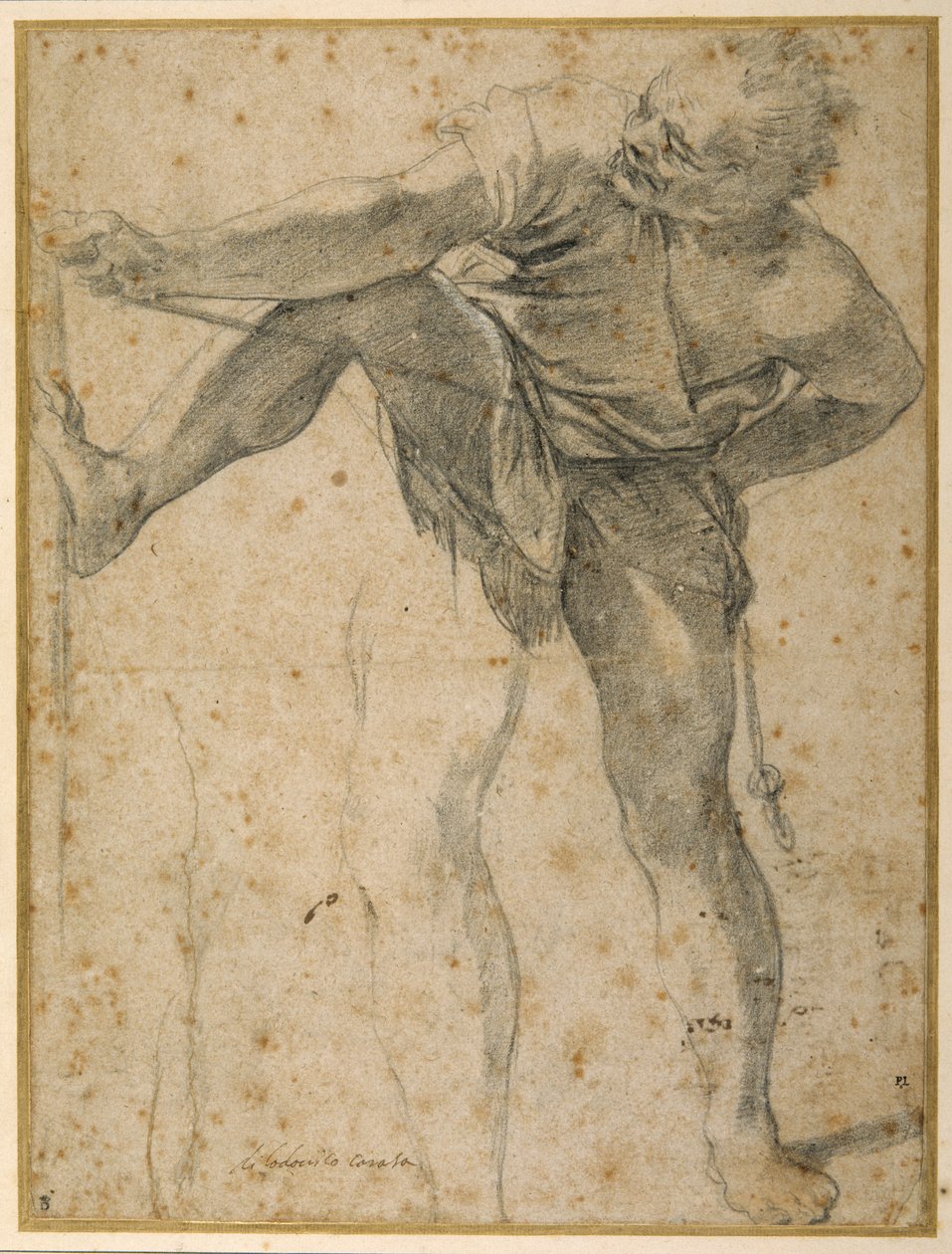Mann, der an einem Seil zieht, sein linkes Bein ein zweites Mal geübt von Ludovico Carracci