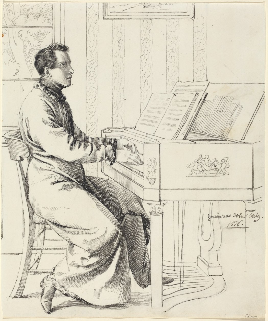 Der Schwager des Künstlers, Ludwig Hassenpflug, bereitet sich darauf vor, Klavier zu spielen von Ludwig Emil Grimm