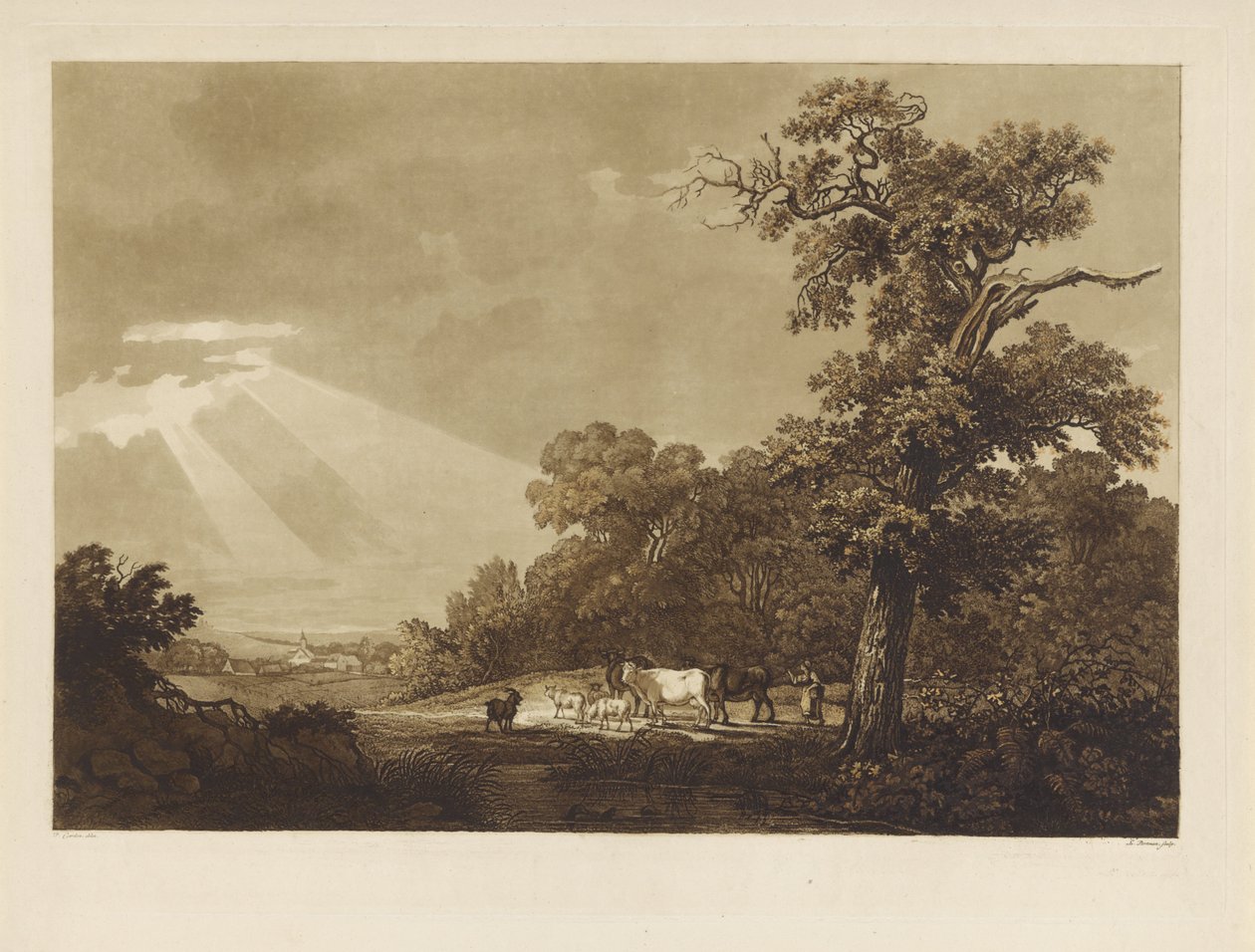Hügelige Landschaft mit einer Herde Tiere von Ludwig Gottlieb Portman