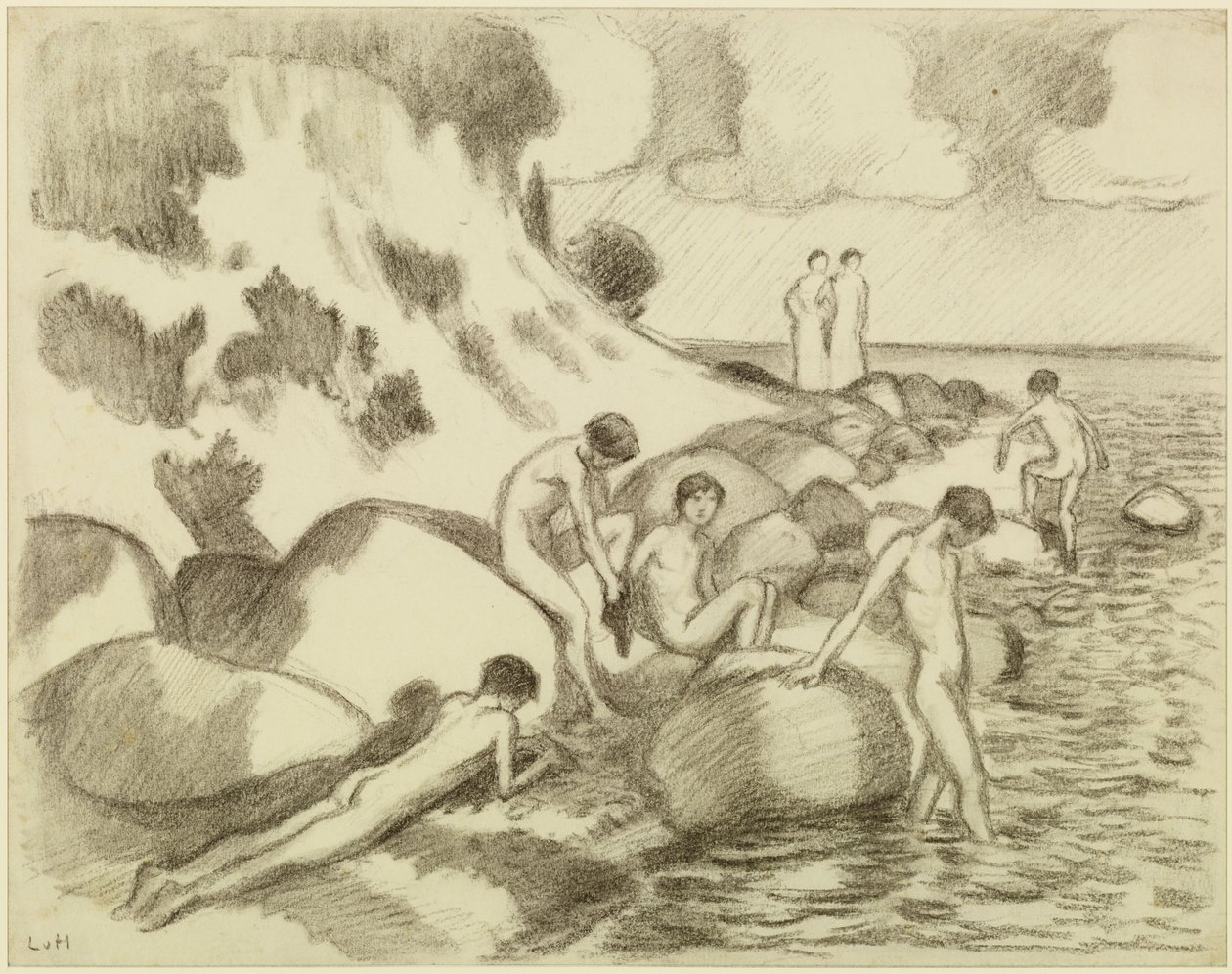 Badende Knaben am Strand, im Hintergrund zwei Frauen von Ludwig von Hofmann