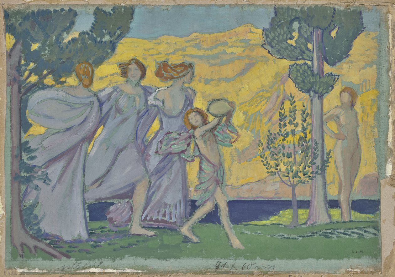 Drei tanzende Mädchen und Tamburinschläger von Ludwig von Hofmann