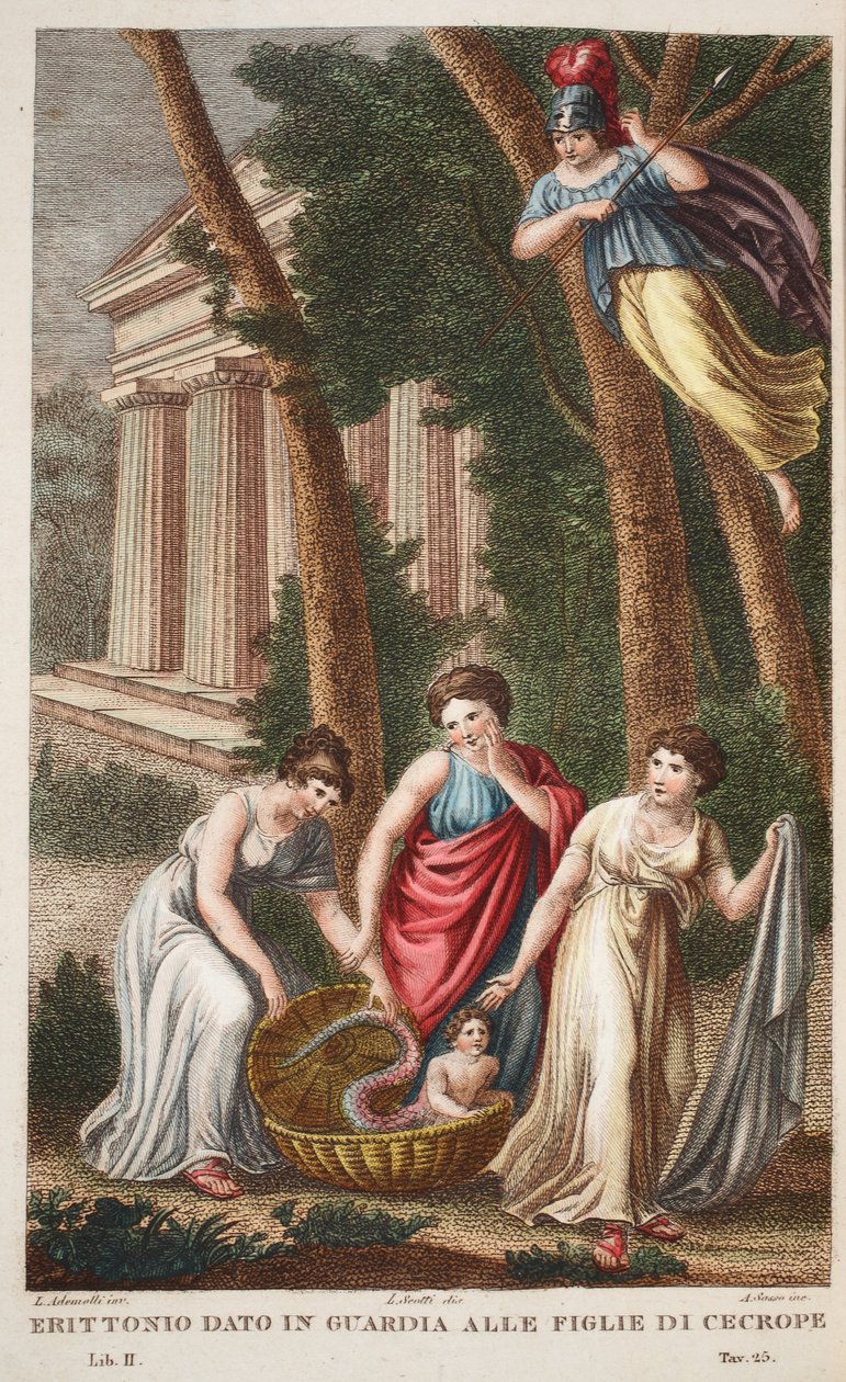 Erichthonius mit Drachenfüßen oder Erittonio in der Obhut der Töchter des Cecrops, Buch II, Illustration aus Ovids Metamorphosen, Florenz, 1832 von Luigi Ademollo