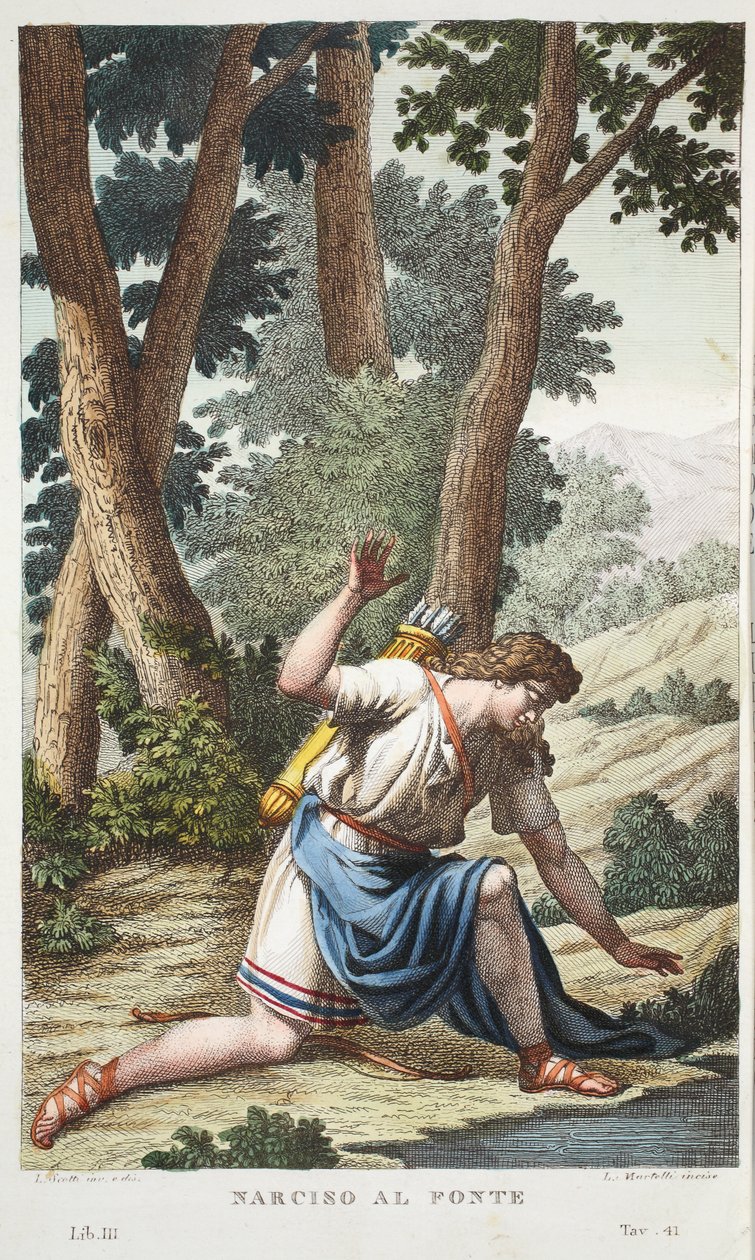 Narziss wird zur Blume oder Narciso al Fonte, Buch III, Illustration aus Ovids Metamorphosen, Florenz, 1832 von Luigi Ademollo