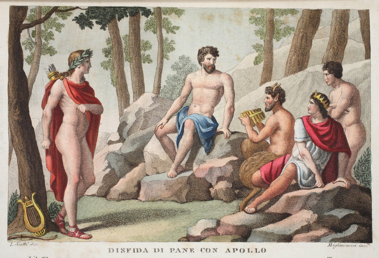 Pan und Apollo oder Dinfida di Pane con Apollo, Buch XI, Illustration aus Ovids Metamorphosen, Florenz, 1832 von Luigi Ademollo