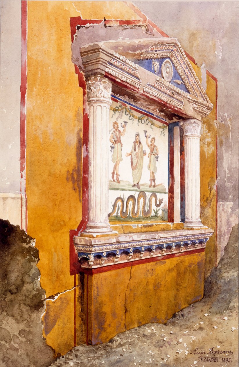 Lararium des Familienaltars, nach der Ausgrabung in situ gesehen, Haus von Aulus Vettius, Pompeji, ca. 36-39 n. Chr., 1895 von Luigi Bazzani