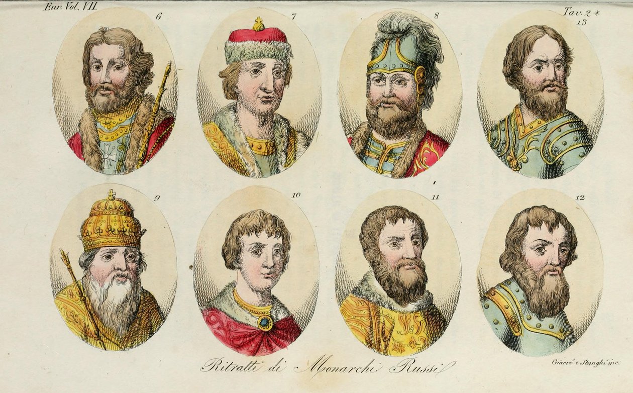6. Jaroslaw 7. Swjatoslaw II 8. Swjatopolk 9. Wladimir Monomach 10. Juri I 11. Iwan II 12. Dmitri Donskoi 13. Iwan III, 1831 von Luigi Giarrè