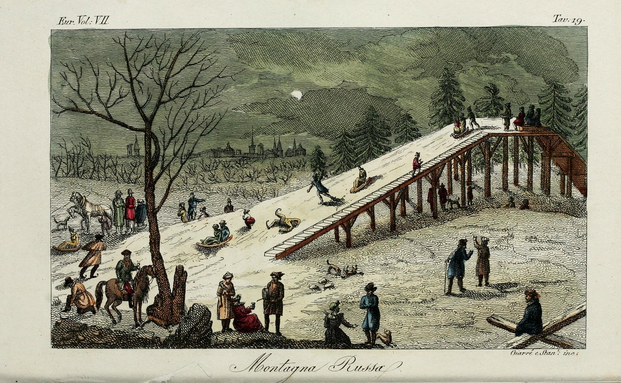 Achterbahn. Illustration aus Il costume antico e moderno o storia del governo von Giulio Ferrario von Luigi Giarrè