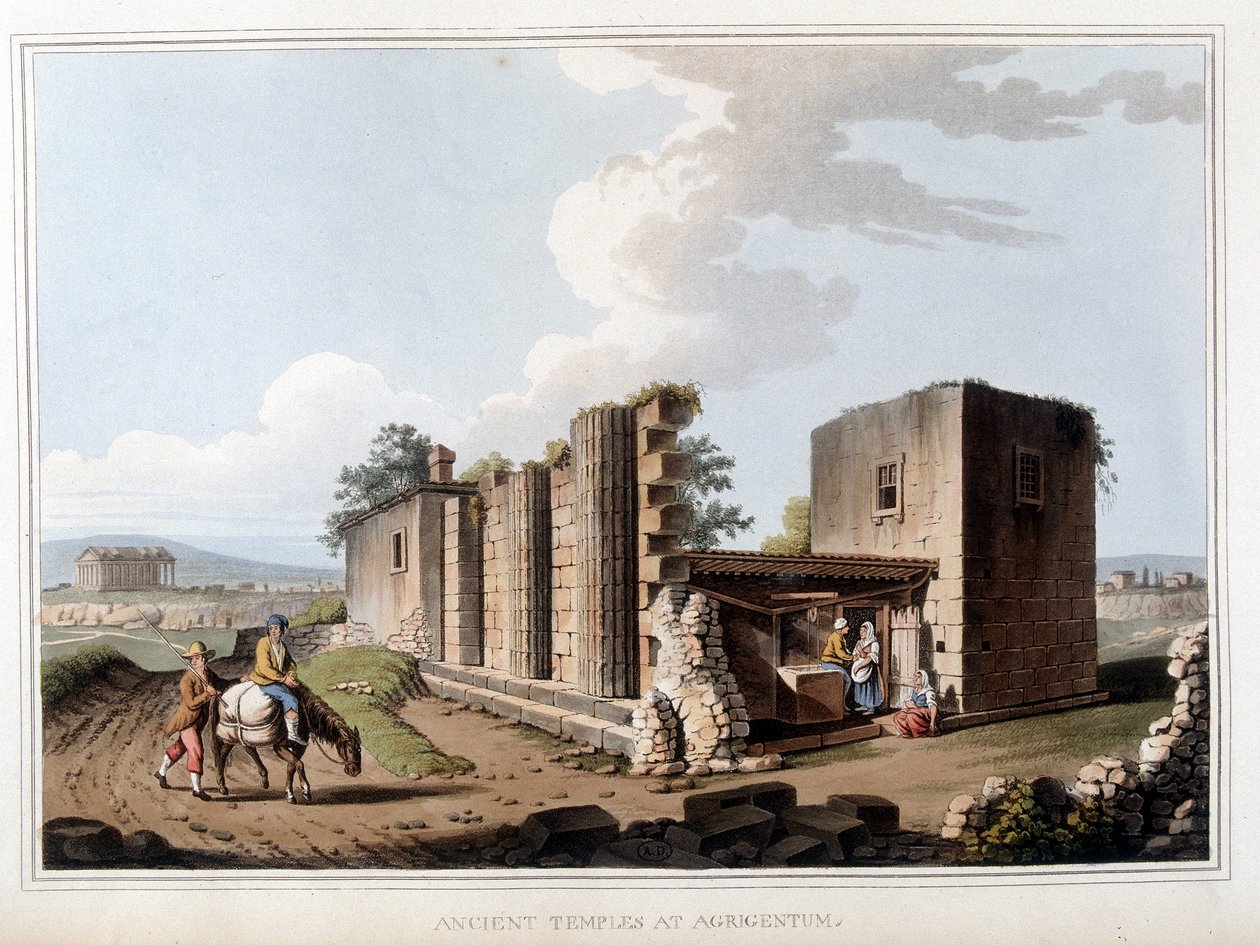 Antiker Tempel in Agrigent in Italien. In „Ansichten in den osmanischen Herrschaften, in Europa, in Asien und einigen Mittelmeerinseln“ nach den Originalzeichnungen von Luigi Mayer, London von Luigi Mayer