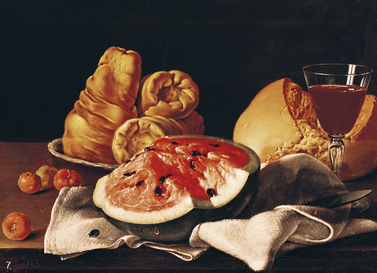 Weinglas, Wassermelone und Brot von Luis Egidio Melendez