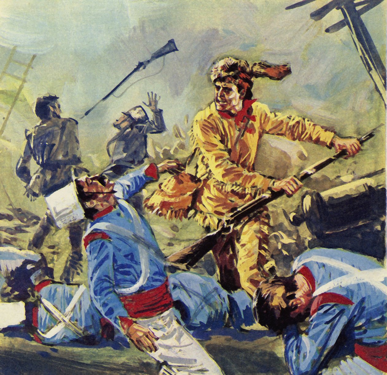 Davy Crockett fiel schließlich den unaufhörlichen mexikanischen Angriffen zum Opfer (Farblithografie) von Luis Arcas Brauner