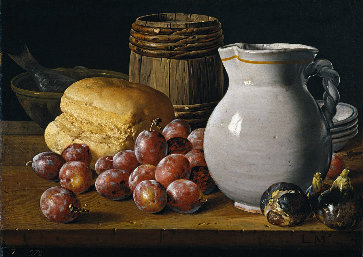 Stillleben mit Pflaumen, Feigen, Brot und Krug von Luis Egidio Melendez