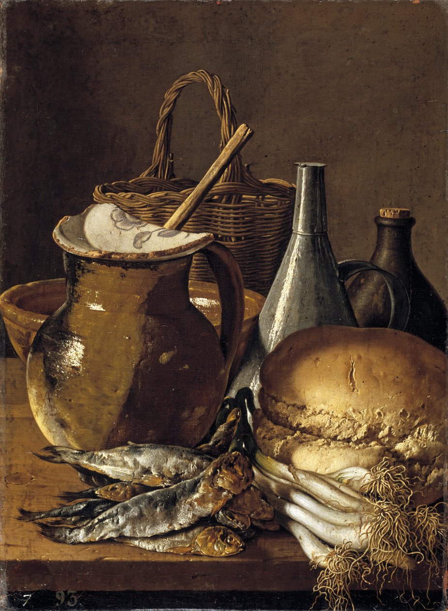Stillleben mit Heringen, Schnittlauch, Knoblauch und Küchenutensilien von Luis Egidio Melendez