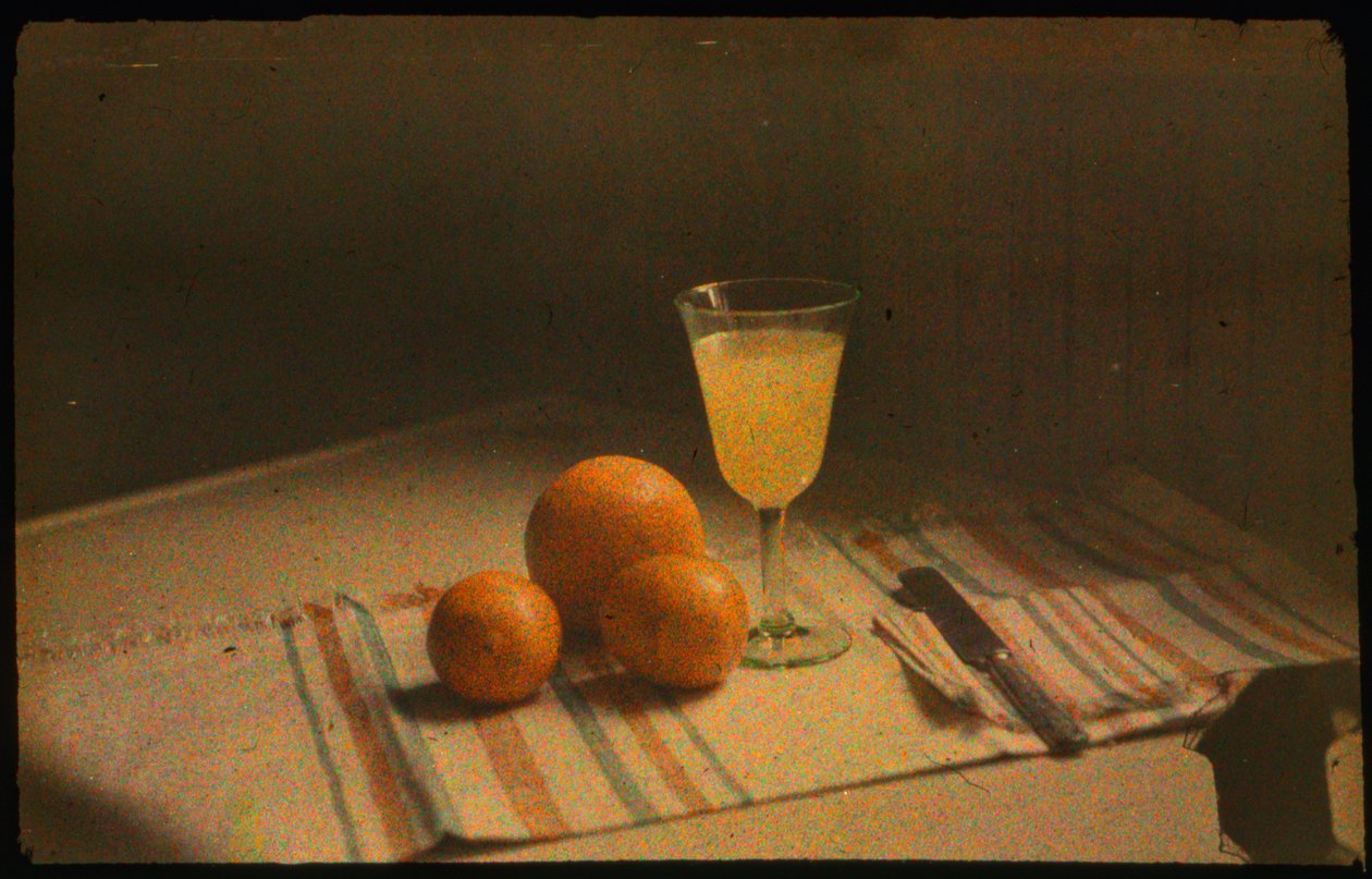 Stillleben-Farbphotographie von frischen Orangen und einem Glas Orangensaft von Luis Marden
