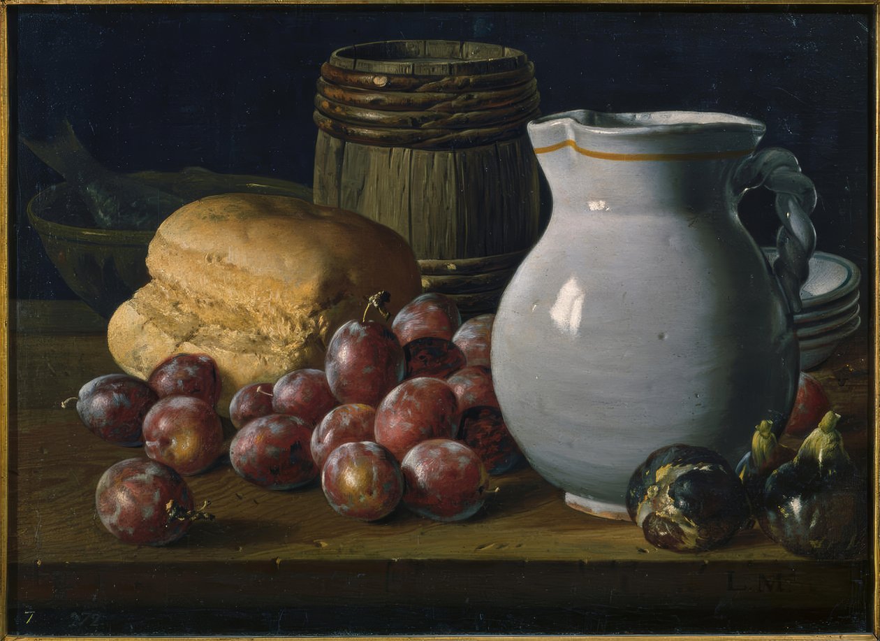 Stillleben mit Pflaumen, Feigen, Brot, Fässchen, Krug und anderen Gefäßen von Luis Meléndez