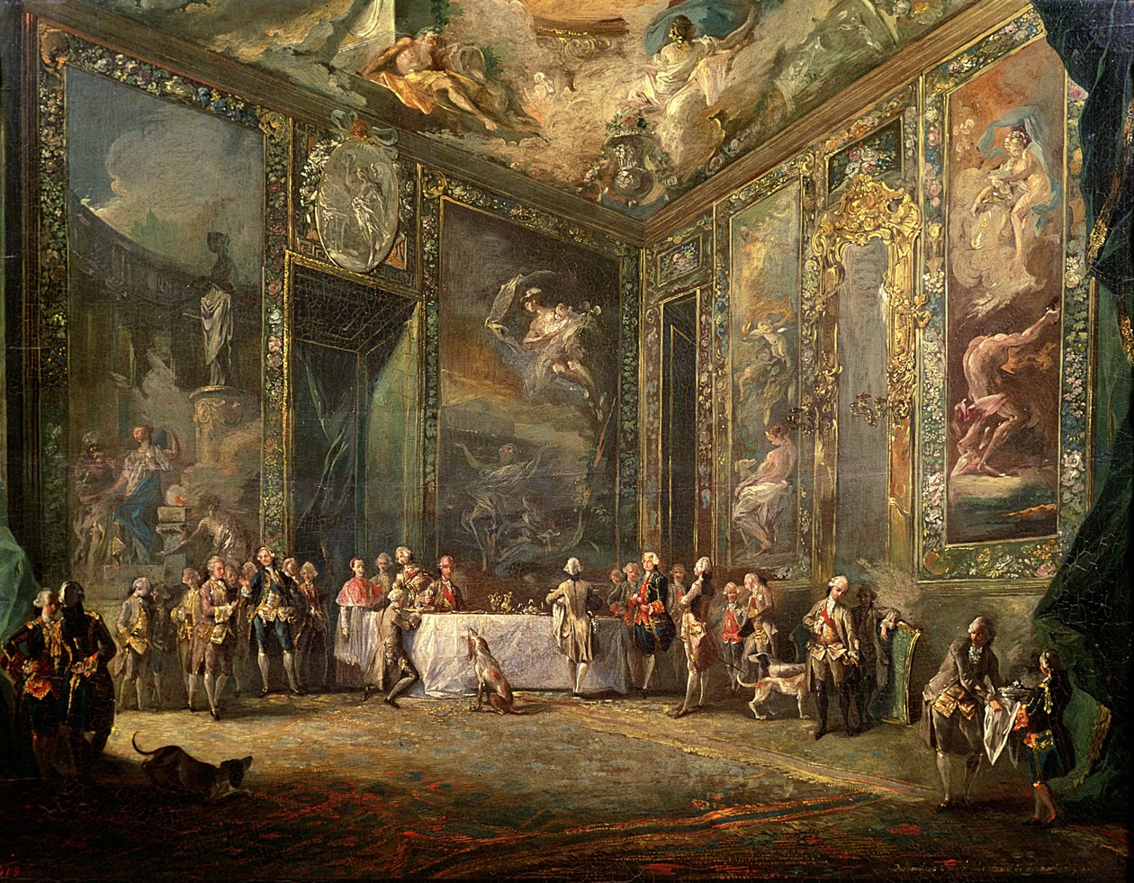 Karl III. de Borbon, beim Mittagessen vor seinem Hof, um 1770 von Luis Paret y Alcazar
