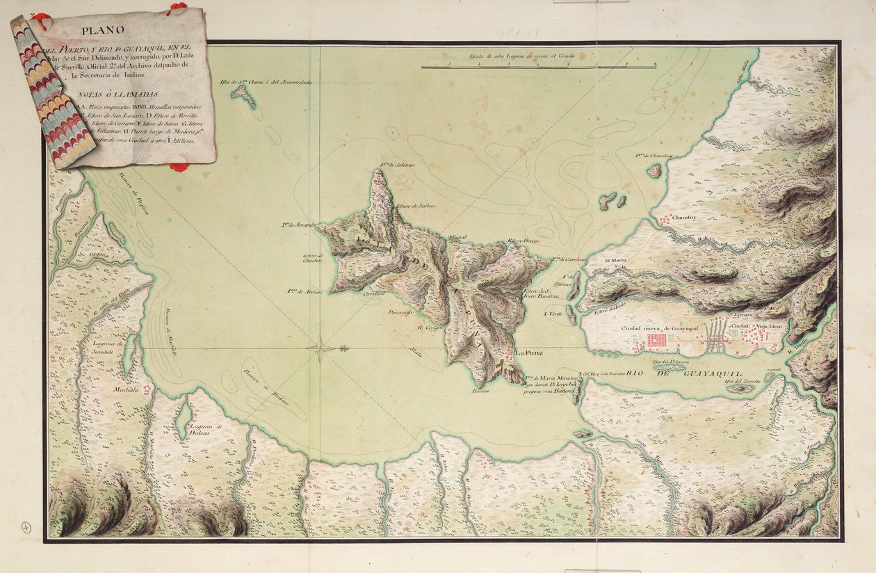 Plan des Hafens und Flusses Guayaquil im Südpazifik von Luis de Surville