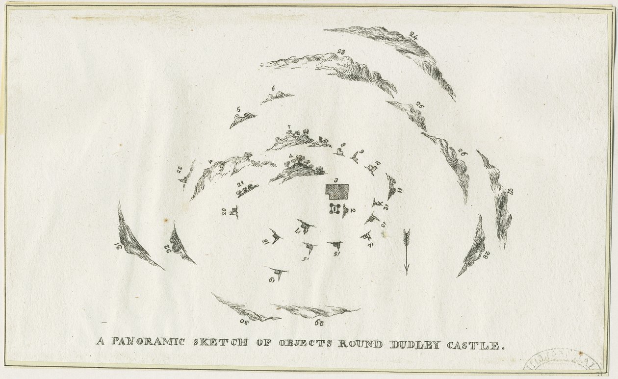 Dudley - Panorama des Dudley Castle-Gebiets (Lithographie, ca. 1825) von Luke Booker