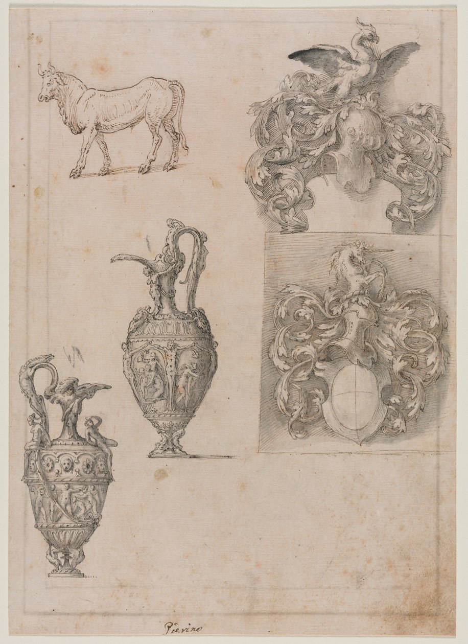 Entwurf für zwei Vasen, zwei Wappen und einen Stier recto, Mitte 1500er Jahre von Luzio Romano