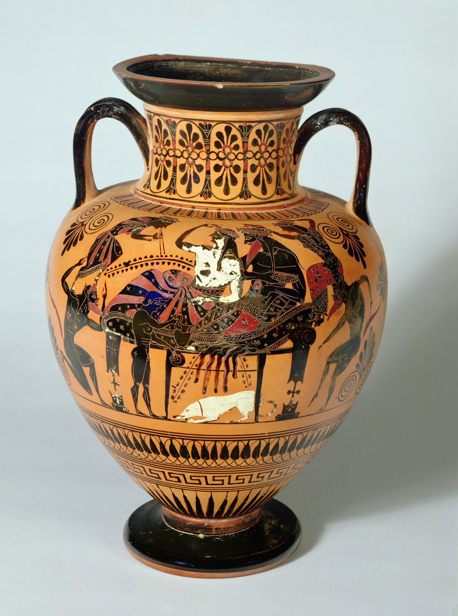 Schwarzfigurige Amphore, die Dionysos und Ariadne beim Bankett zeigt, Griechisch, 530-520 v. Chr. (Ton) von Lysippos