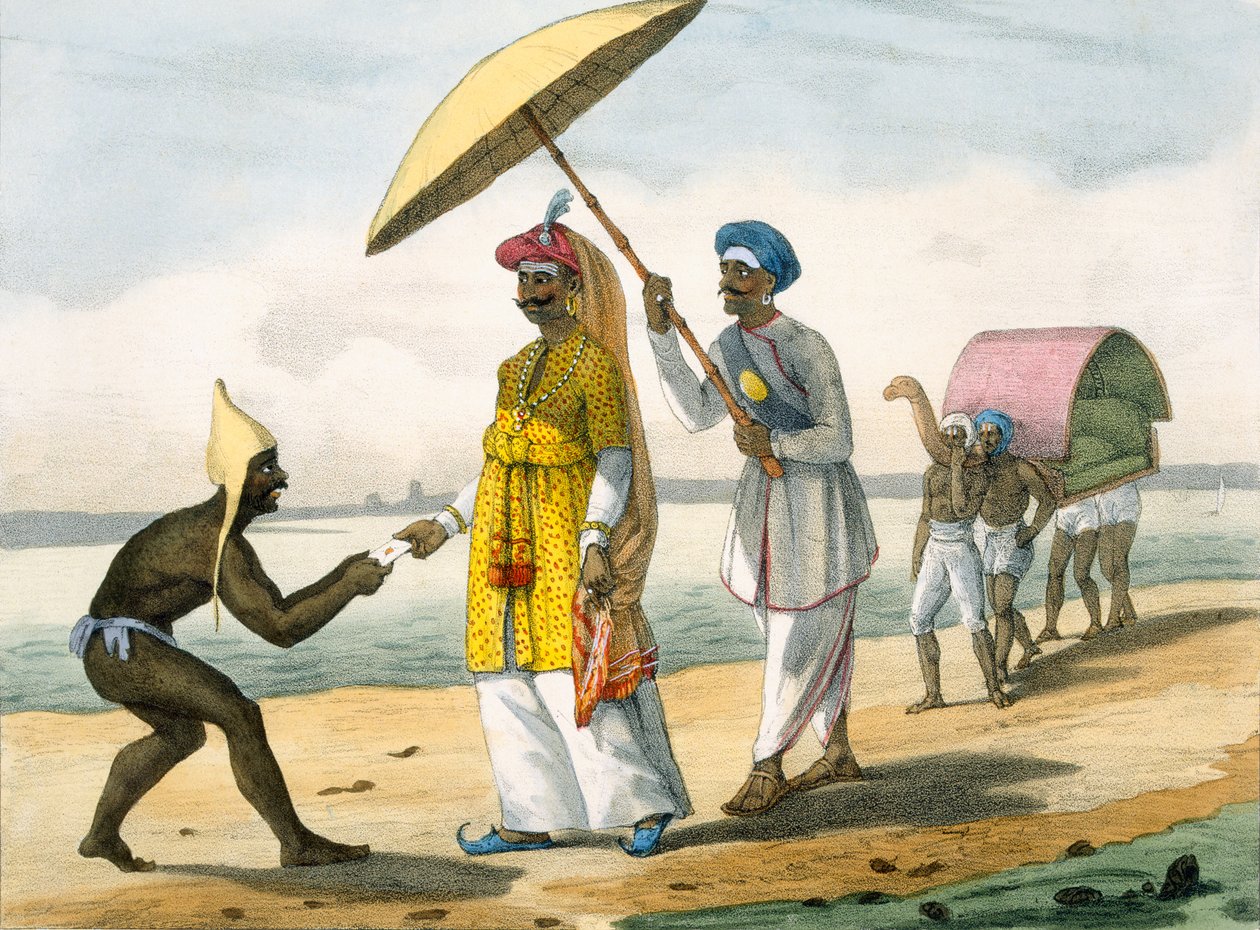 Paleagar übergibt einen Brief an Granden am Strand, 1827-35 von M.E. Burnouf