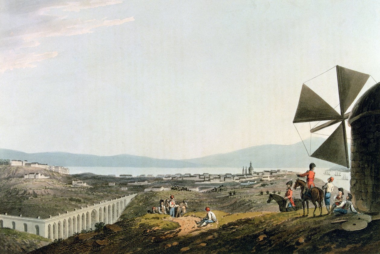 Lissabon und das Alcantara-Aquädukt, graviert von I. Clark von M. (after) Bradford