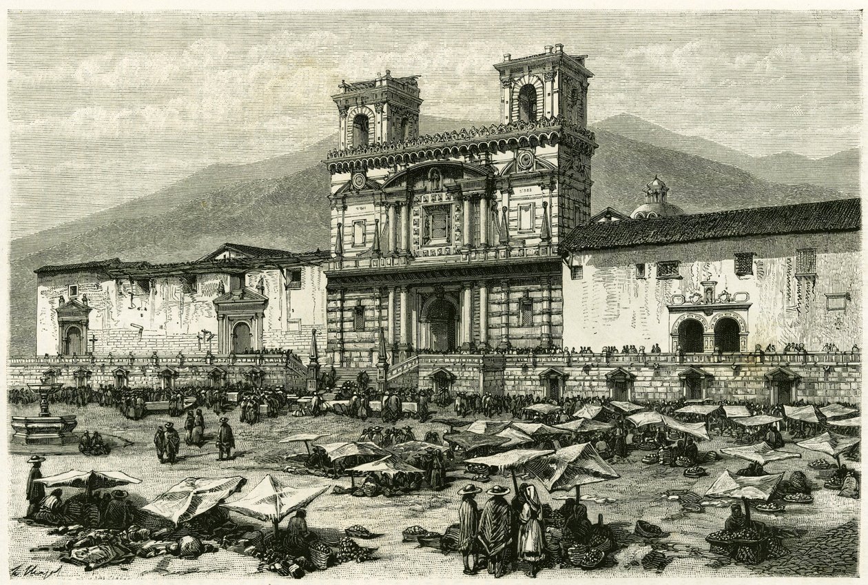 Die Kathedrale von Quito und die Volksunterhaltung auf ihrem Platz. Gravur von Clerget und Ferdinandus, zur Illustration der Geschichte „Equinoxiale America“ von M. (after) Ferdinandus