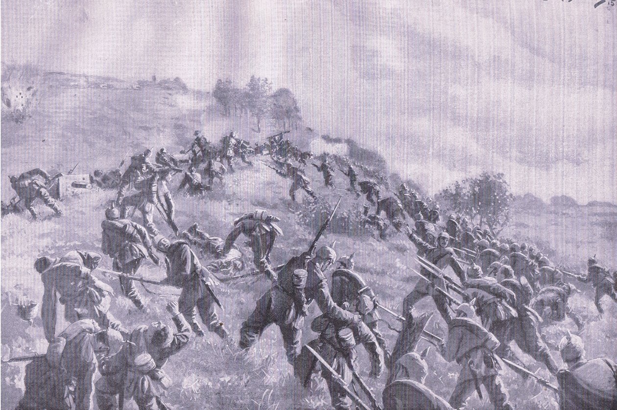 Die Rückeroberung von Szawle. Erstürmung des Hügels, aus Die illustrierte Geschichte des Weltkriegs 1914-1915, veröffentlicht von Union Berlagsefellfchaft von M. Barascudts