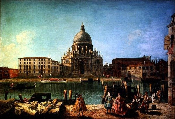 S. Maria della Salute vom Rio de San Moise, Venedig, mit Adeligen und Gondolieren im Vordergrund von M. and Guardi G.A. Marieschi