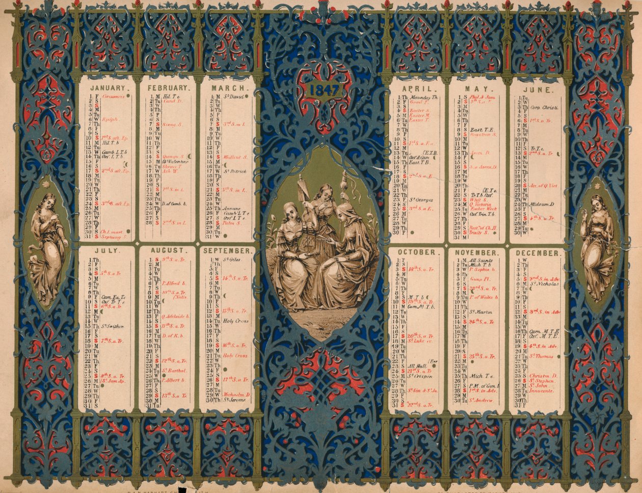Kalender mit Heiligentagen und königlichen Geburtstagen, 1847 von M and N Hanhart
