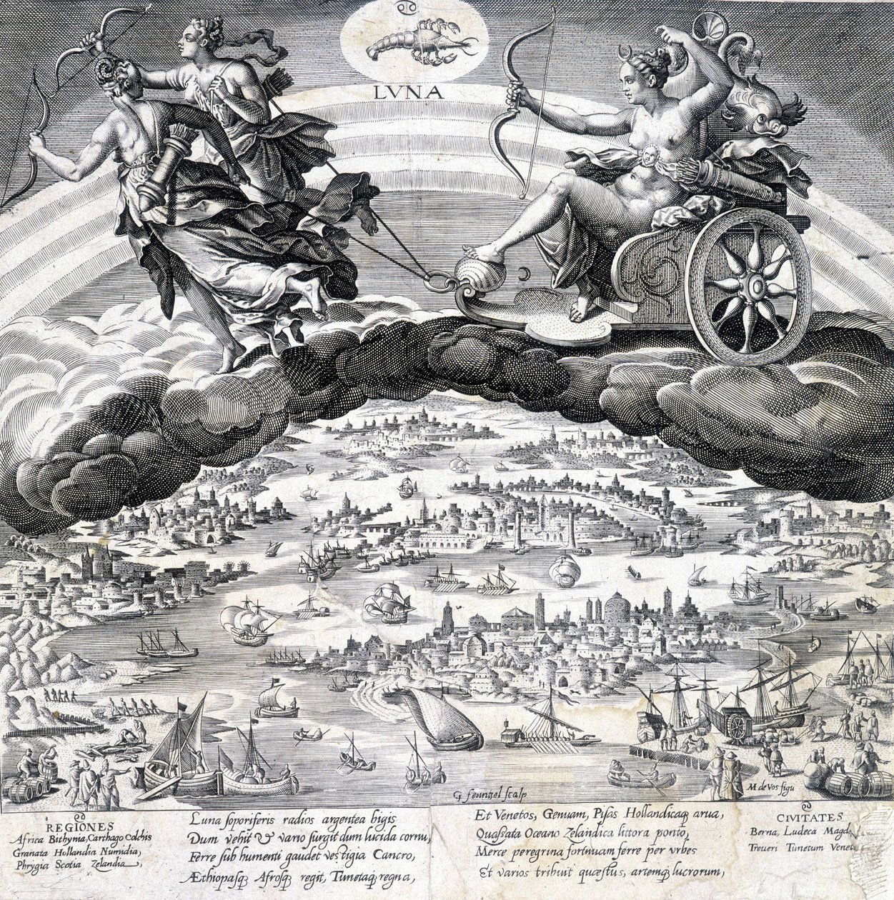 Luna: Allegorie des Mondes (Diana) und des Skorpions, der unter ihrem Einfluss steht (Sternzeichen) - Gravur von Maaerten de Vos (Martin de Vos, Marten de Vos) (1532-1603), n.d. von Maarten de Vos