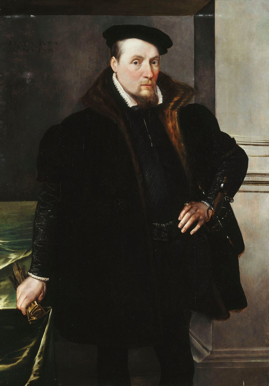 Porträt eines Gentlemans, Dreiviertellänge, in einem schwarzen Mantel mit Pelzfutter, 1551 von Maarten de Vos
