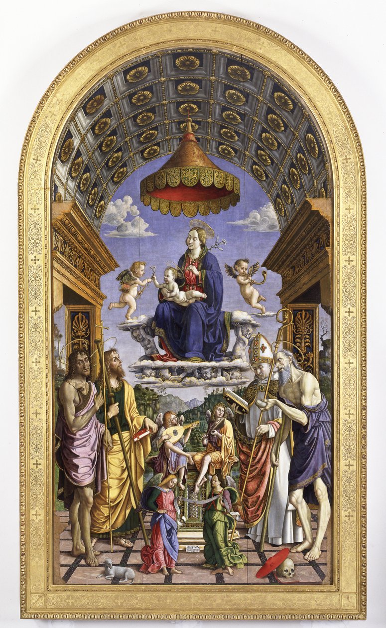 Madonna und Kind in Herrlichkeit, musizierende Engel und Heilige Johannes der Täufer, Jakobus, Ugo und Hieronymus, 1498 von Macrino dAlba
