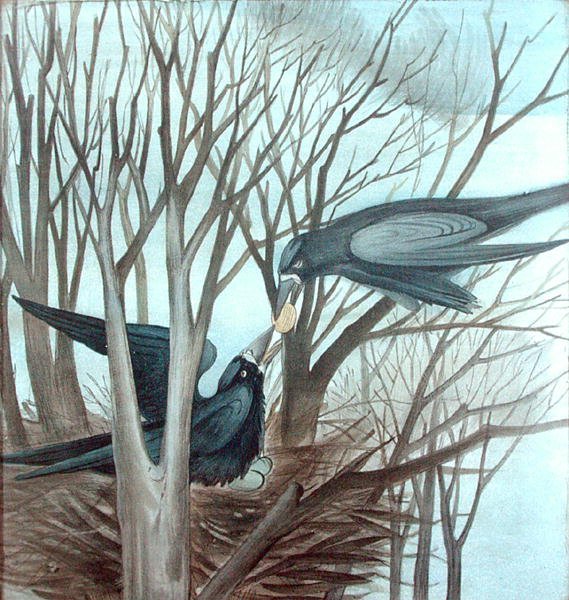 Zwei Saatkrähen, die in einem Baum fressen von Madeline Wyndham