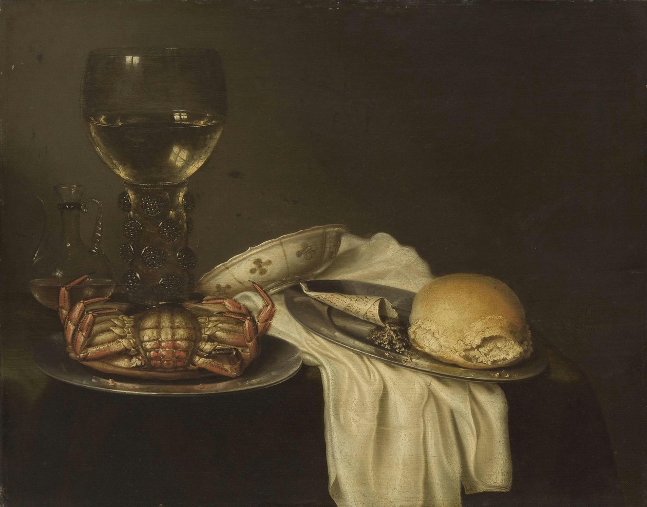Stilleven met krab, roemer, brood en vaatwerk von Maerten Boelema de Stomme