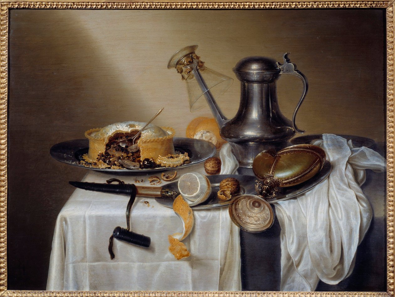 Stillleben mit Pastete, Zitrone und Zinnkaraffe von Maerten Boelema de Stomme