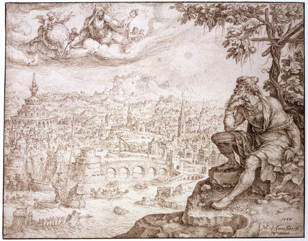 Jona, sitzend unter dem Kürbis, betrachtet die Stadt Ninive, 1566 von Maerten van Heemskerck