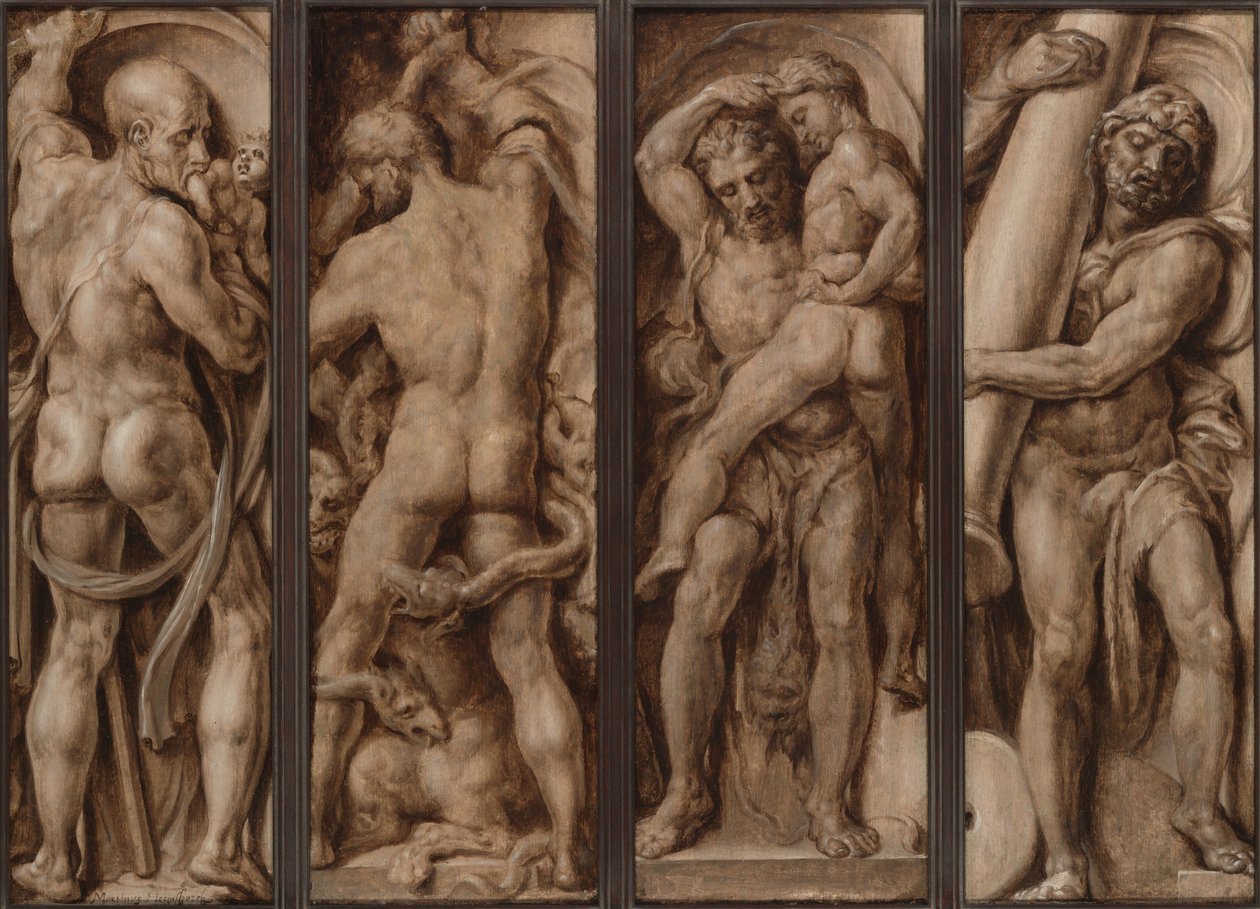 Saturn verschlingt ein Kind; Herkules tötet die Hydra; Herkules hebt Antäus hoch; Herkules errichtet die Säulen von Calpe und Abyla von Maerten van Heemskerck