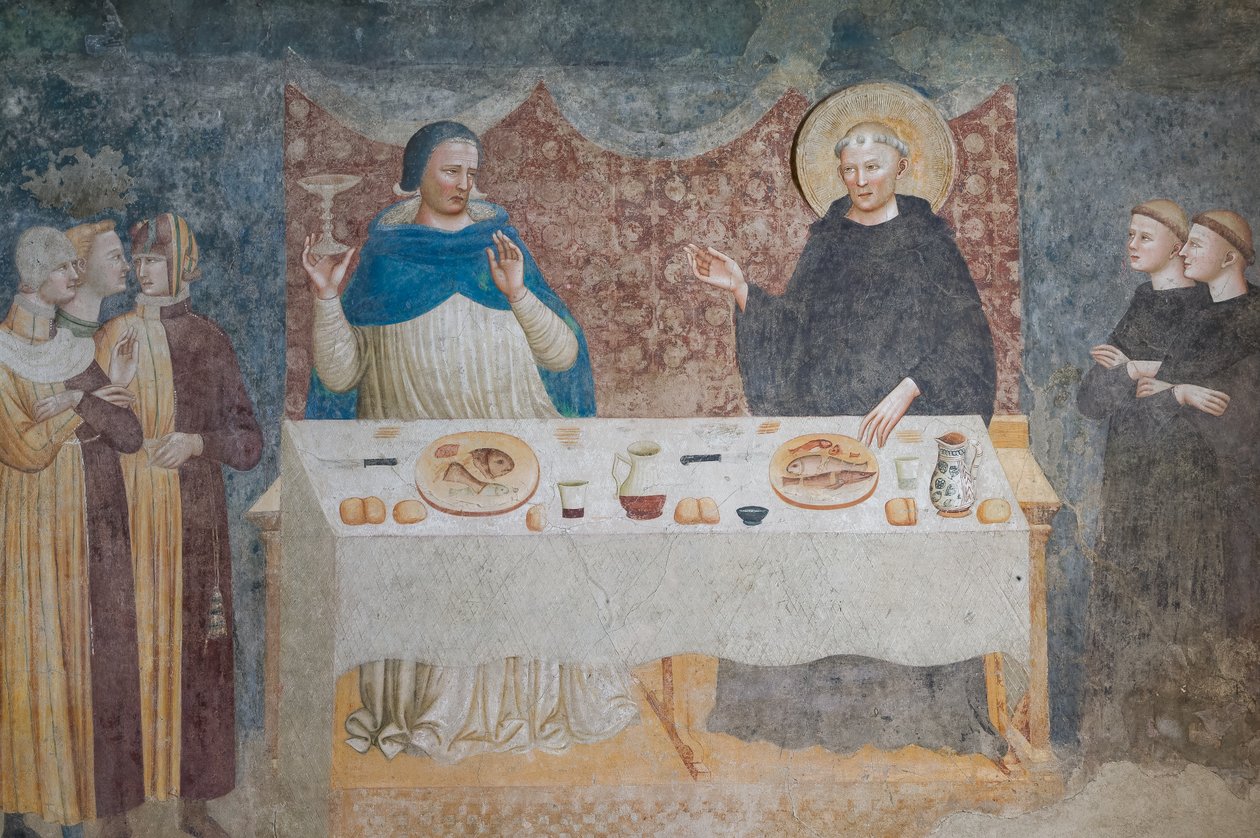 Das Wunder des heiligen Guido: der gesegnete Abt verwandelt Wasser in Wein vor Gebeardo, dem Erzbischof von Ravenna (Fresko) von Maestro di Tolentino (attr.to)