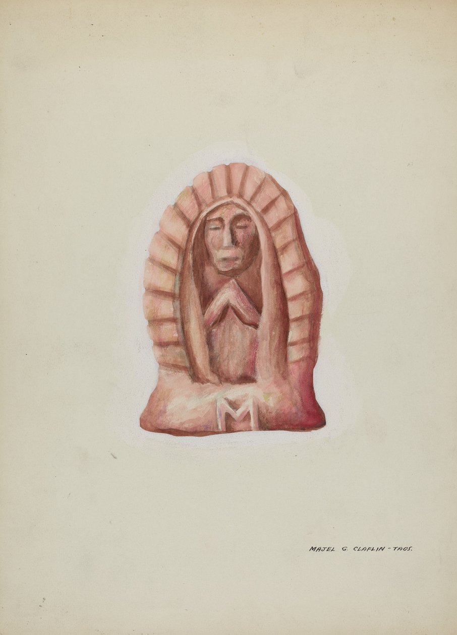 Kleine Statue von Guadalupe aus Stein geschnitten, ca. 1937 von Majel G. Claflin