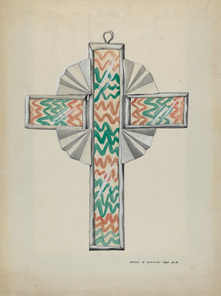 Zinn- und bemaltes Glas-Kreuz, ca. 1937 von Majel G. Claflin