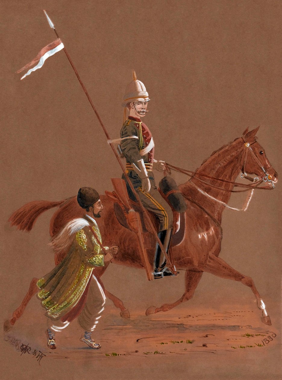 Reiter der 9. Lancers reitet, mit einem afghanischen Soldaten, der neben seinem Pferd läuft von Major General R.G. Woodthorpe