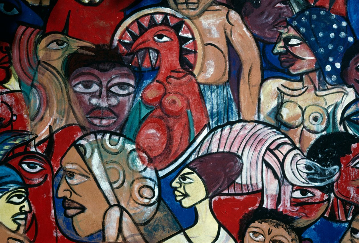 Gesichter, Wandgemälde im Garten des Naturkundemuseums in Maputo, von Malangatana Valente Ngwenya (1936-2011), Mosambik, 20. Jahrhundert von Malangatana Valente Ngwenya