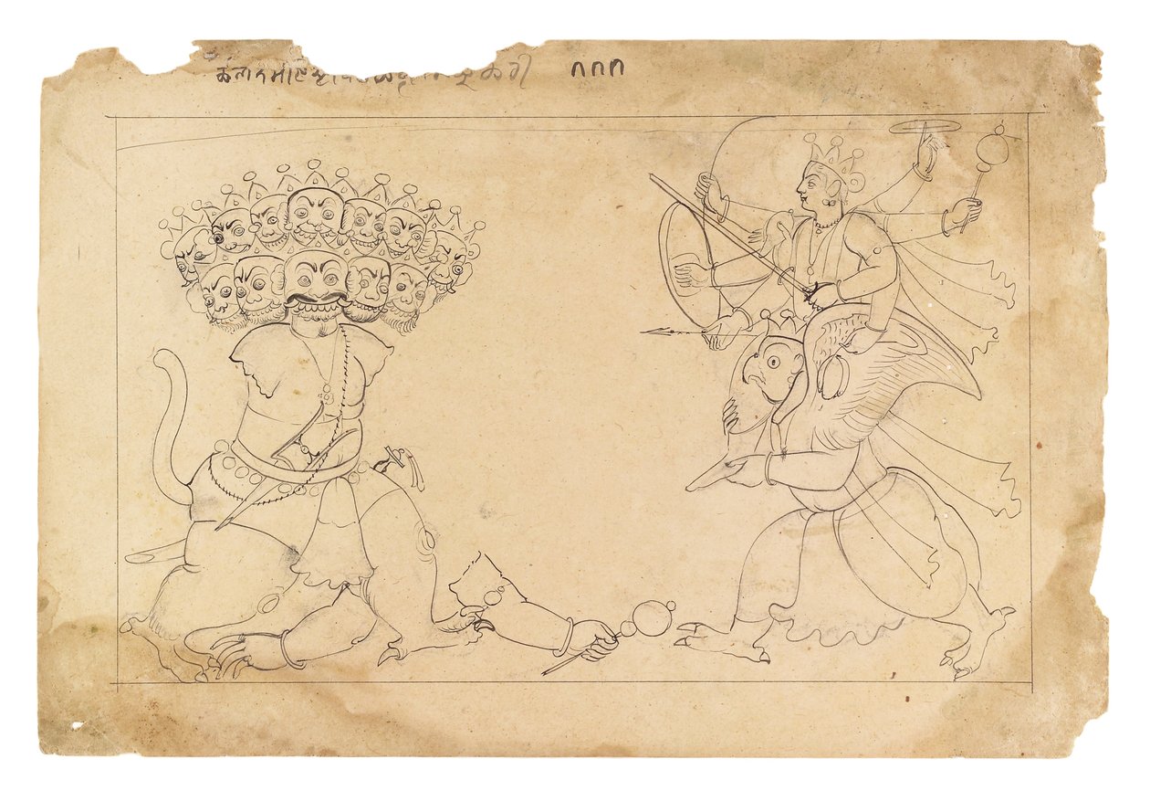 Die Zerstückelung des Dämons Kalanemi, aus dem Bhagavata Purana, ca. 1740 von Manaku