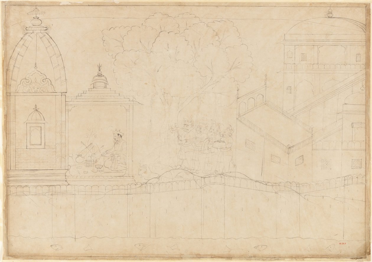 Indrajit macht Opfergaben: Folio aus der Serie Belagerung von Lanka, ca. 1725 von Manaku