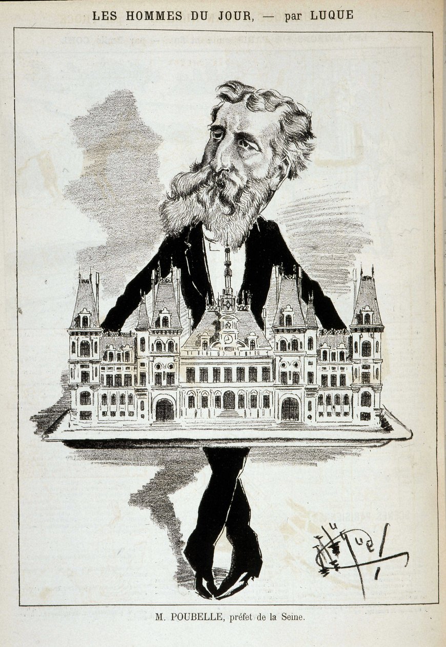 Karikatur von M. Poubelle, Präfekt der Seine, der das Rathaus von Paris auf einem Tablett trägt - Zeichnung von Luque, in „La Caricature“ vom 13.08.1887 von Manuel Luque