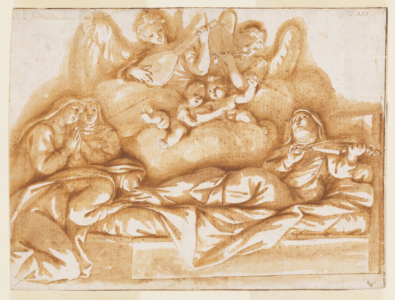 Entwurf für ein monochromes Wandgemälde, Kirche von Corpus Domini, Bologna, Italien, Tod der St. Caterina Vigri von Marc Antonio Franceschini
