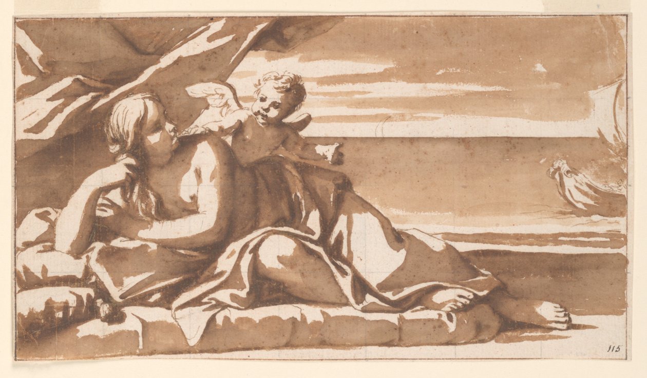 Studie für ein Übermalungsbild, Ariadne betrachtet die Annäherung des Schiffes von Bacchus von Marc Antonio Franceschini