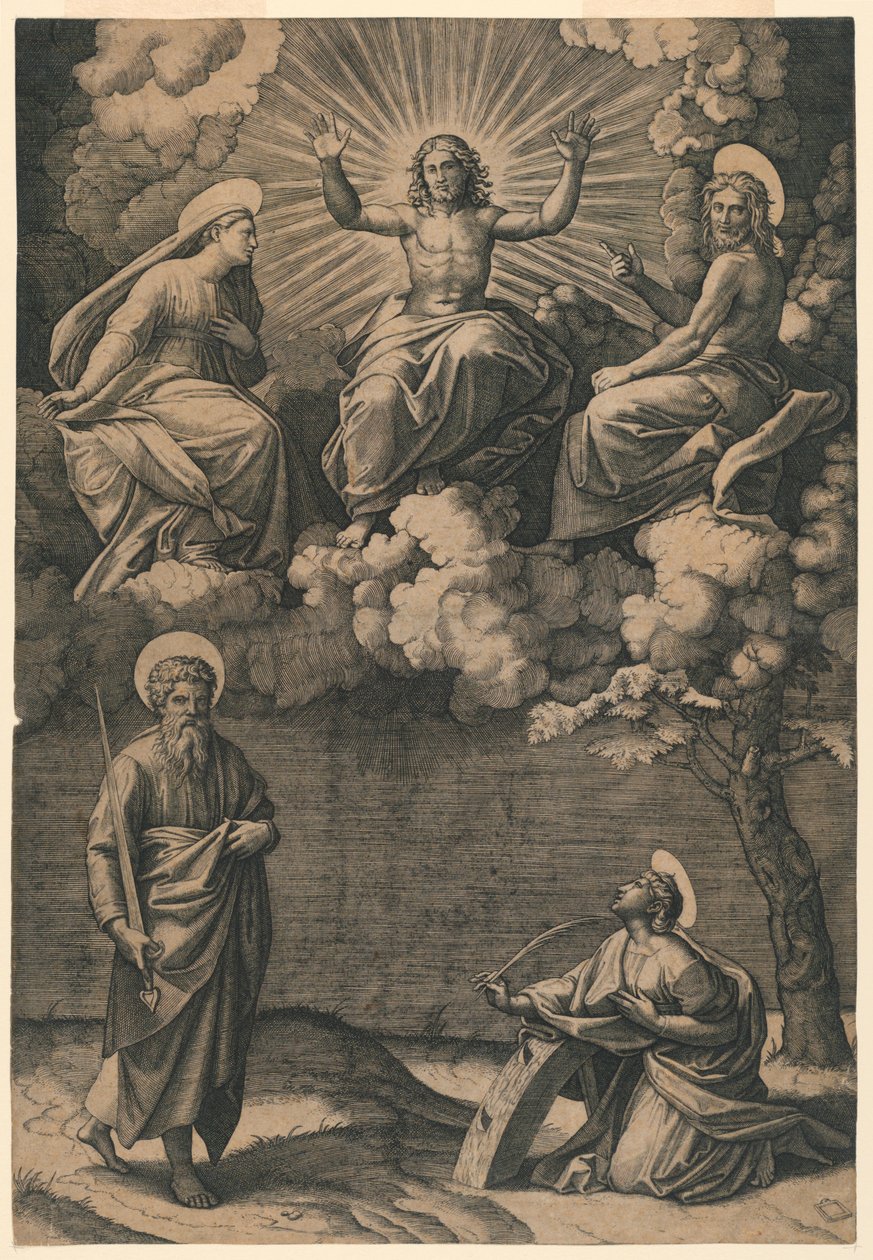 Jesus Christus, die Jungfrau und Johannes der Täufer mit den Heiligen Paulus und Katharina von Marc Antonio Raimondi