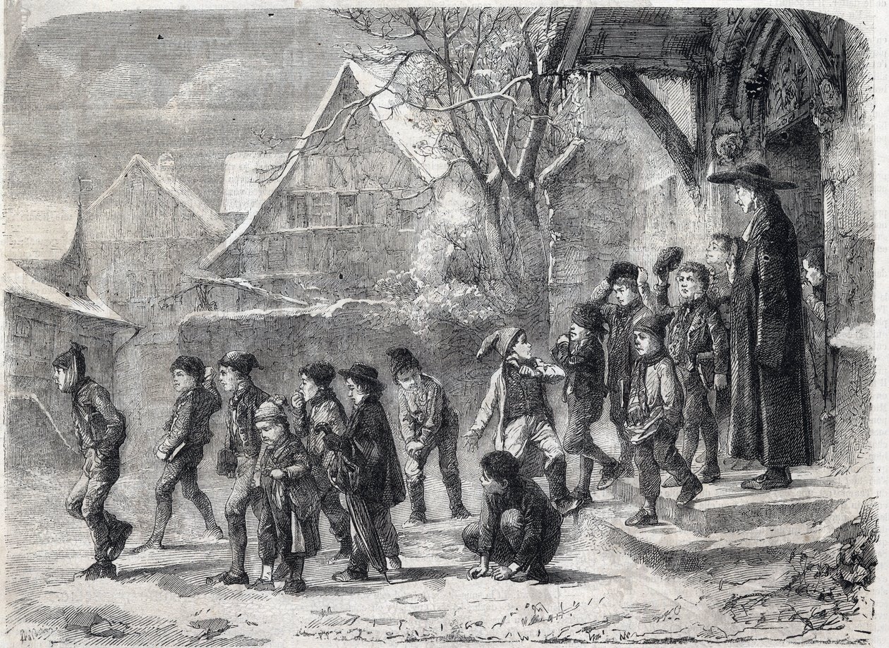 Schulausgang im Winter. Gravur nach einem Gemälde von M. B. Vautier in „The Illustrious Universe“ von Marc Louis Benjamin (after) Vautier