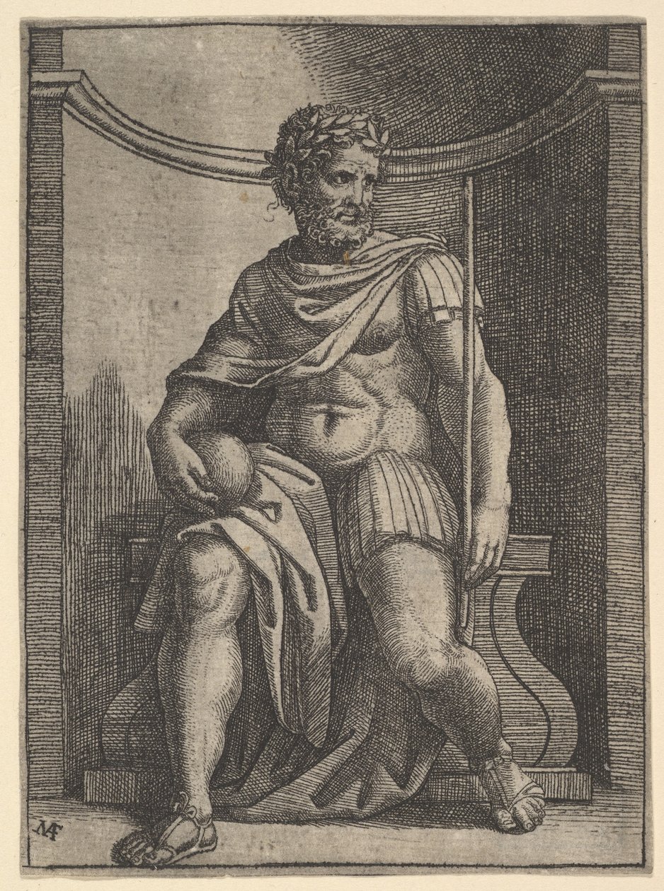 Ein römischer Kaiser sitzt in einer Nische, hält einen Globus und ein Zepter und schaut nach..., ca. 1500-1534 von Marcantonio Raimondi